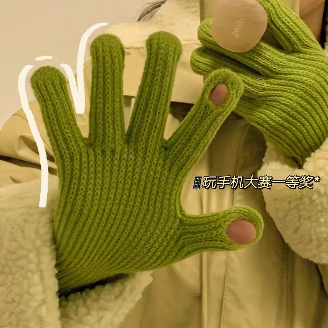 韩国小糖豆针织手套女冬季毛线加厚触屏漏指户外骑行分指保暖手套