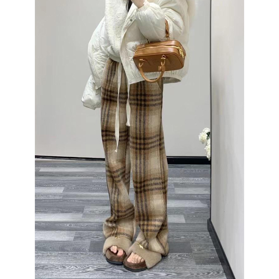 复古格子裤加厚休闲裤女冬季加绒裤子宽松阔腿裤拖地裤垂直长裤潮
