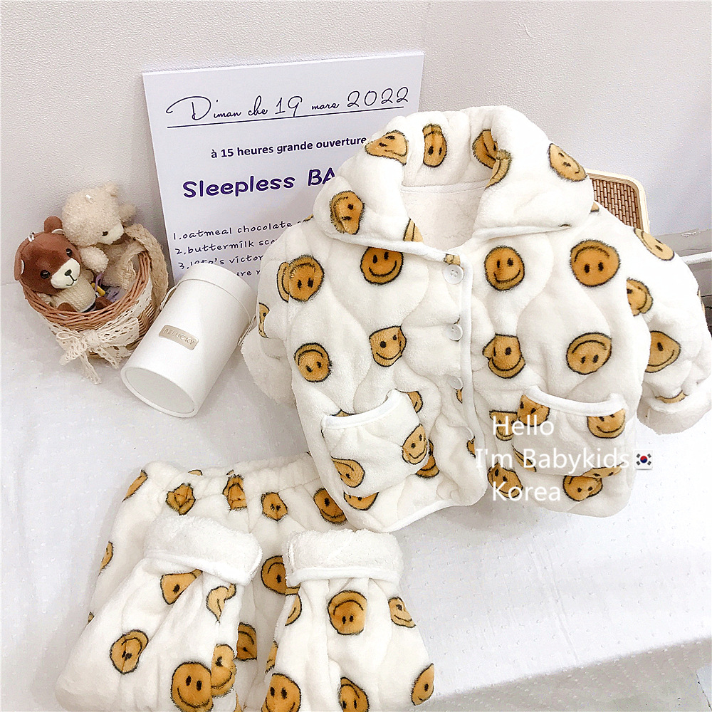 0-6个月冬季儿童睡衣加厚法兰绒家居服套装三层夹棉加绒内衣贴身