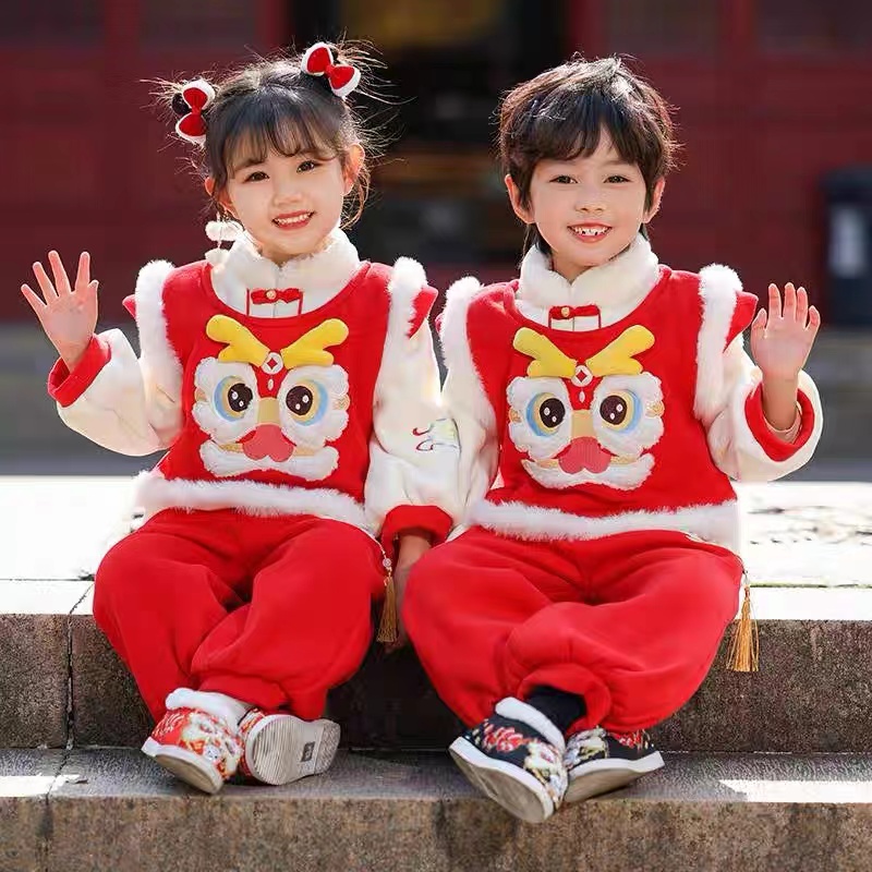 C【苏苏】拜年服加绒加厚男女宝宝唐装中国风拼接喜庆过年三件套WX