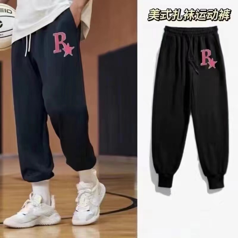 秋季新款男束脚美式休闲针织篮球长裤宽松训练裤子R星运动裤九分