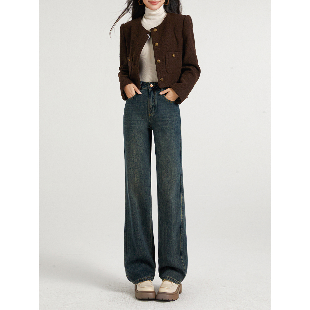 【XW-HOME】2023新款美式复古阔腿牛仔裤女冬高腰潮牌直筒宽松垂感
