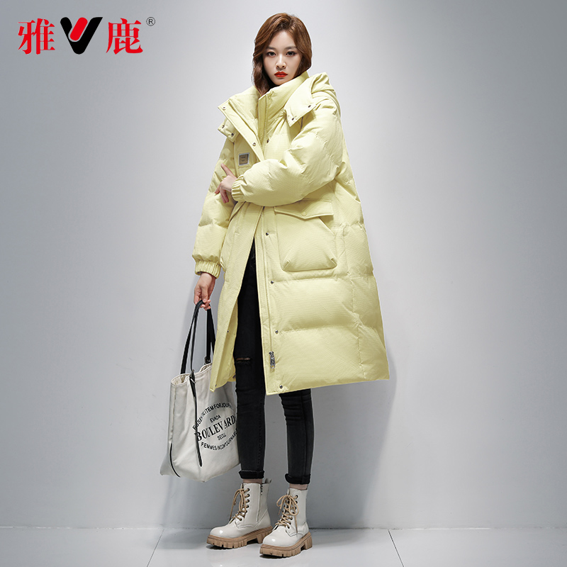 【雅鹿】雅鹿品牌新款90白鸭绒羽绒服长款过膝大码连帽宽松外套女