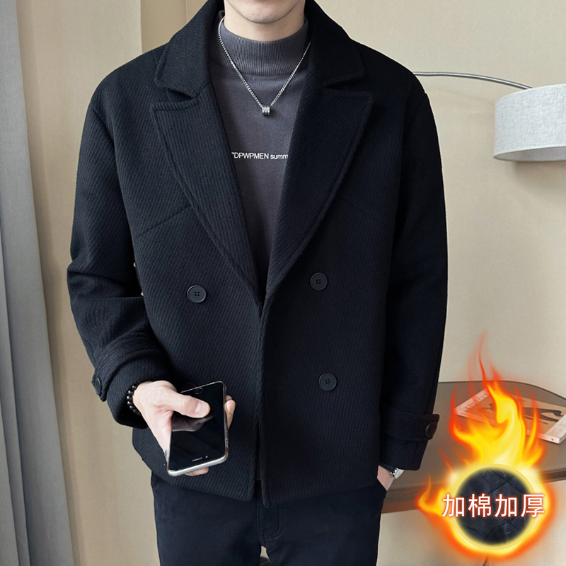双排扣毛呢外套男高端夹棉加厚夹克呢子大衣秋冬季短款英伦小风衣