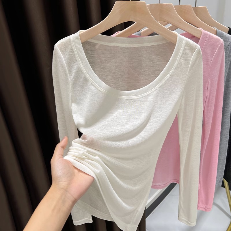 白色圆领打底衫女爆款2023新款秋冬薄款长袖t恤高档修身内搭上衣