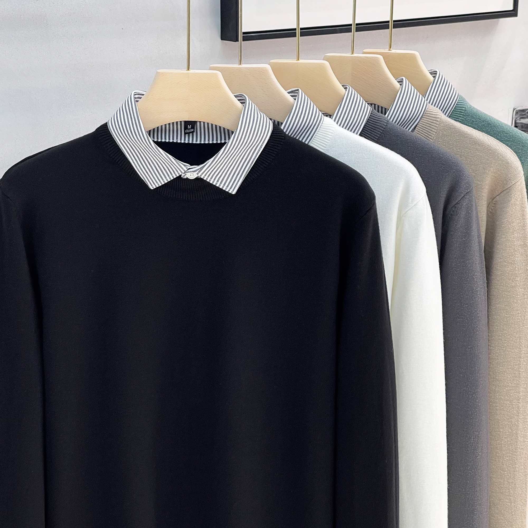 秋冬假两件衬衫领毛衣男潮流商务休闲百搭保暖加厚男士针织打底衫