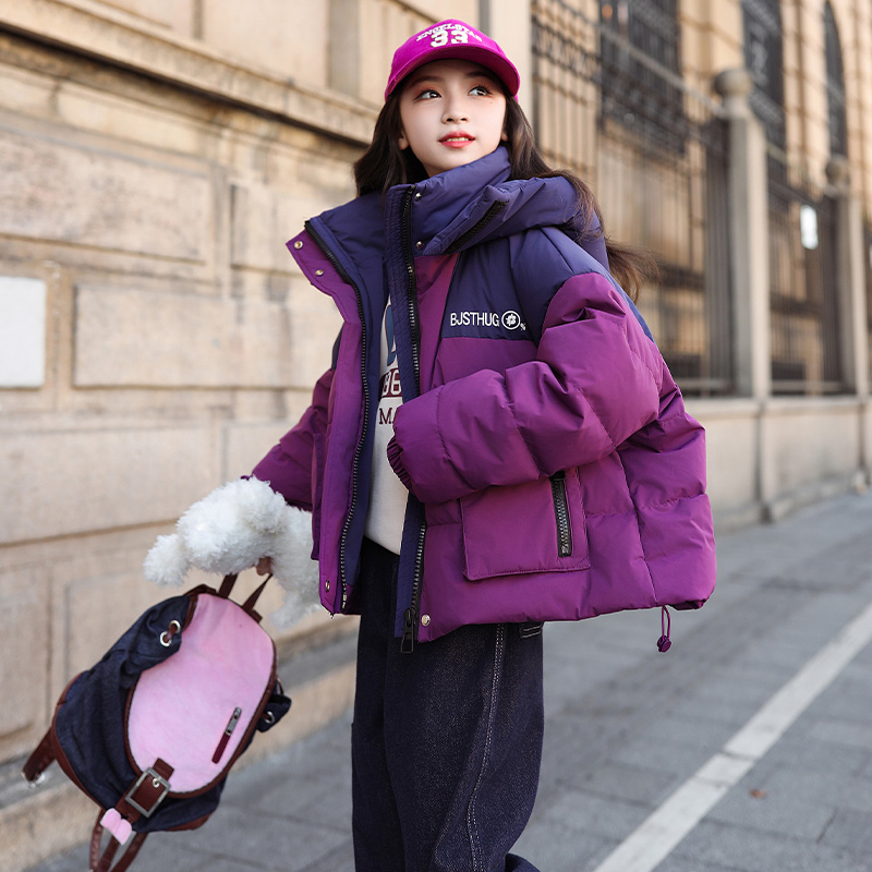 女童羽绒服冬季加厚2023新款中大童撞色连帽面包服儿童装时尚外套