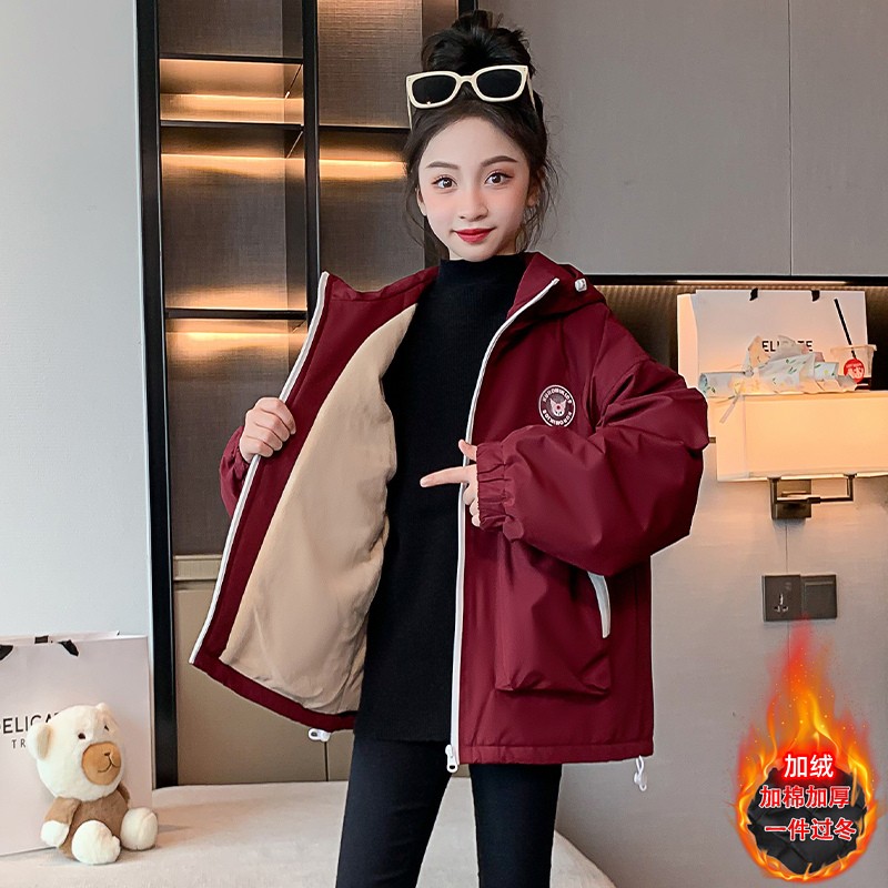 女童加绒外套秋冬装洋气2023新款儿童保暖防风加厚冬季运动冲锋衣