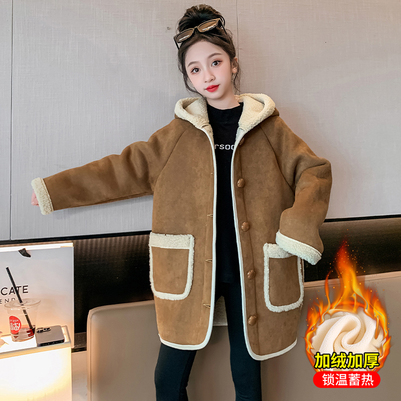 锁温秋冬女童加绒外套冬季儿厚皮毛一体大衣中长款冬装中大童洋气
