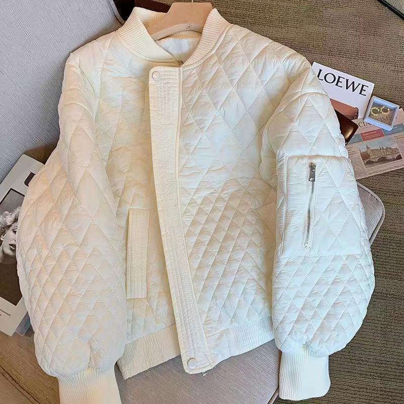 2023秋冬短款棉衣外套女菱格设计感棒球服飞行夹克气质百搭棉服潮