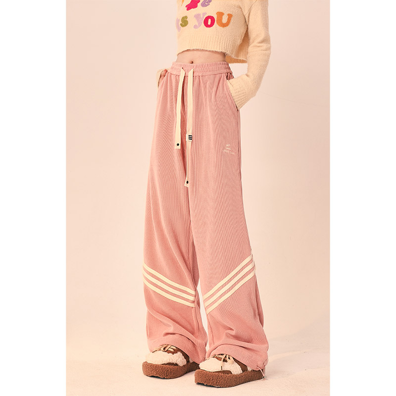 自然涩粉色条纹卫裤女春秋季宽松垂坠感拖地休闲裤直筒阔腿长裤子
