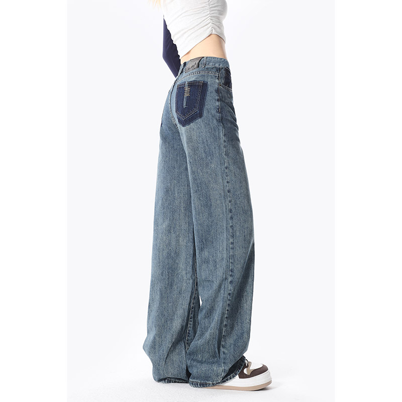 自然涩蓝色复古牛仔裤女春秋高腰胖MM显瘦小个子垂感大码裤子冬季