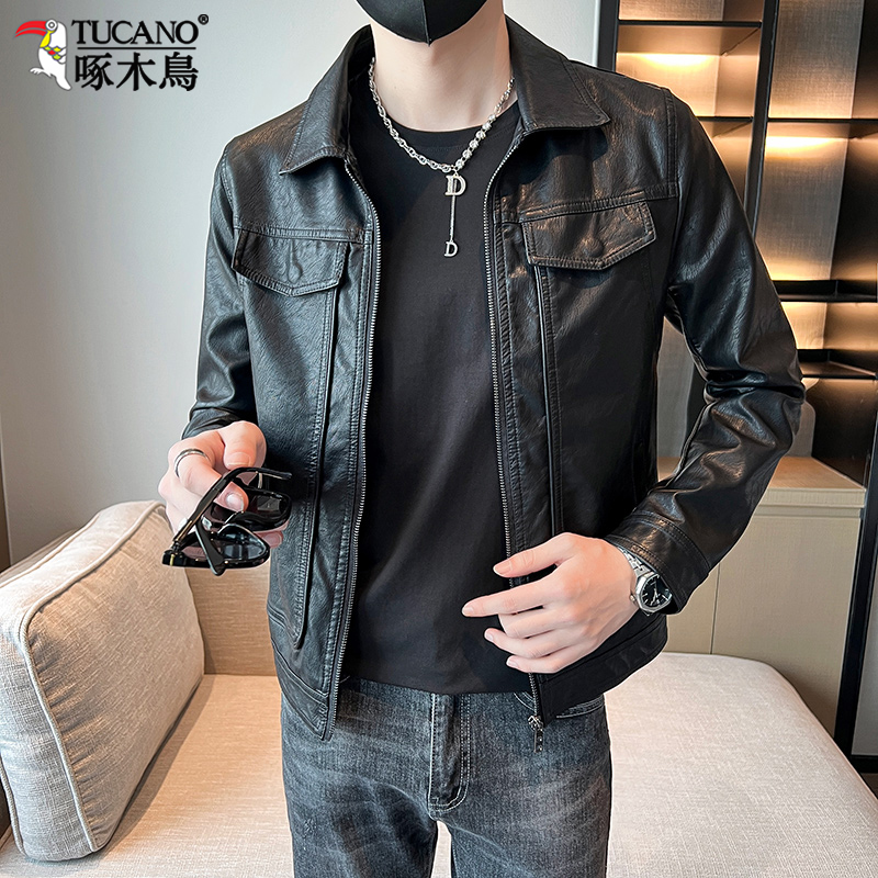 TUCANO/啄木鳥男士皮衣潮牌秋冬新款加绒加厚翻领皮夹克外套韩版