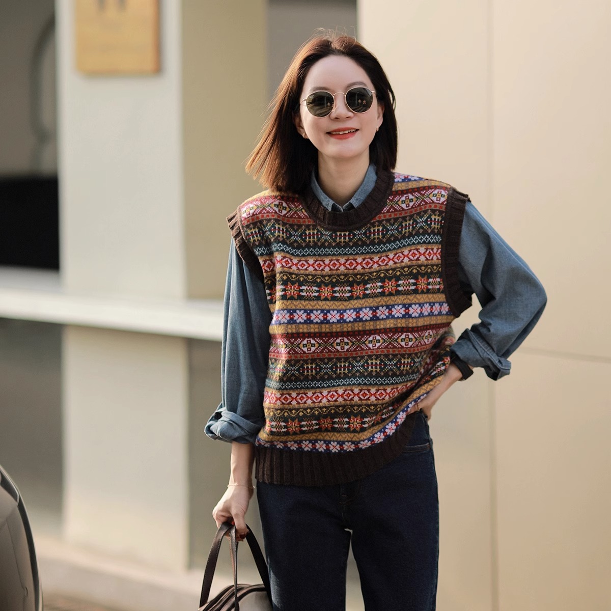 莉贝琳sisy费尔岛彩色针织背心提花羊毛秋季新款女上衣马甲179691