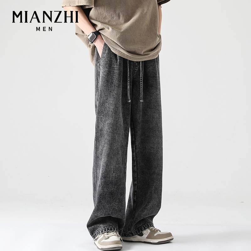 森馬集团棉致美式高街牛仔裤男复古水洗抽绳慵懒风直筒显瘦长裤子