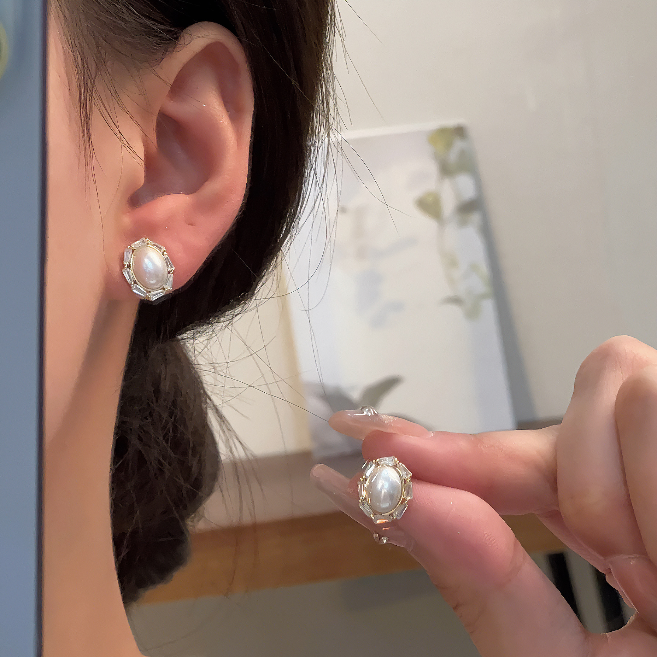 铜合金合成锆石耳饰 【恰度】法式小众椭圆形珠珠耳钉