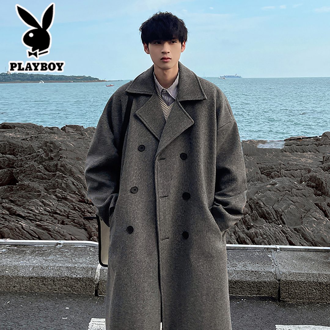 PLAYBOY毛呢大衣男中长款冬季加厚西装领双排扣呢子风衣过膝外套