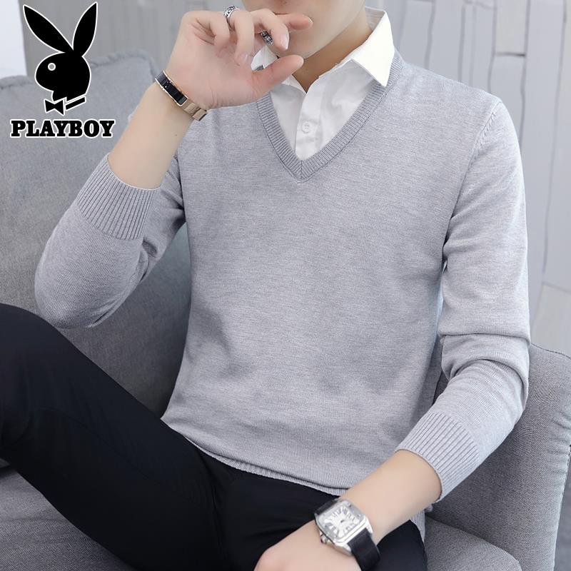 PLAYBOY假两件毛衣男士衬衫领衣服秋季新款潮流百搭打底针织衫男