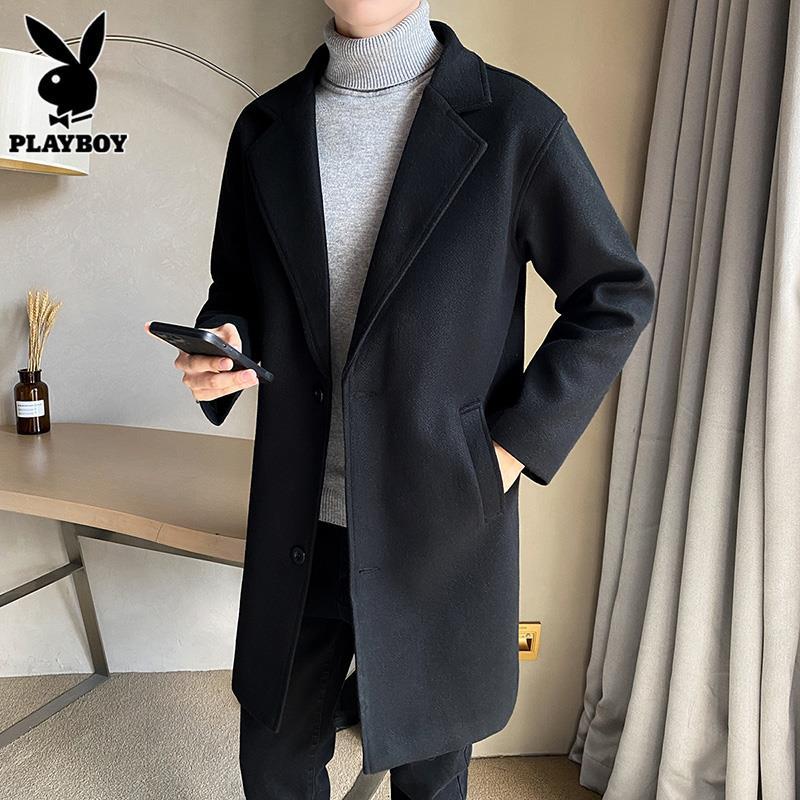 PLAYBOY秋冬呢子外套男士中长款西装领帅气韩版毛呢大衣男装潮流