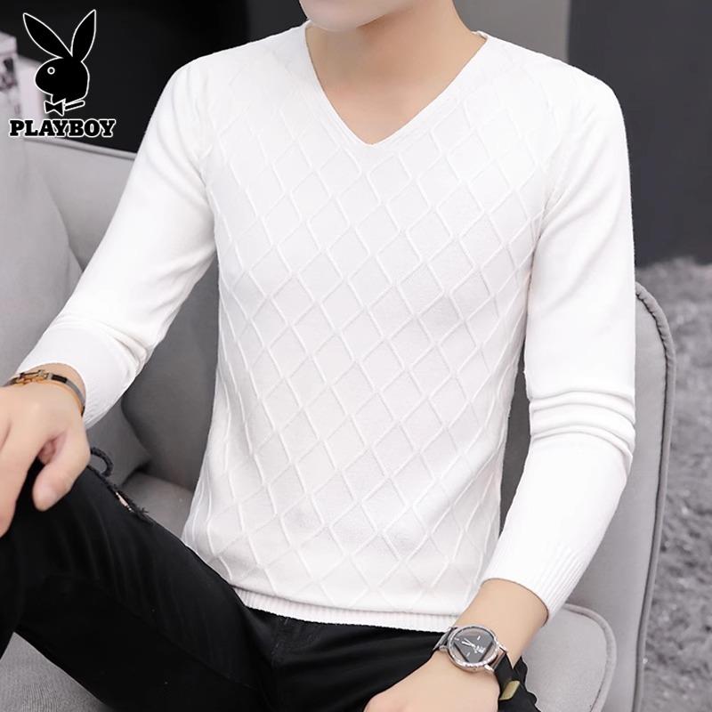 PLAYBOY白色毛衣男士v领打底衫线衣秋冬季潮流休闲修身针织衫男T
