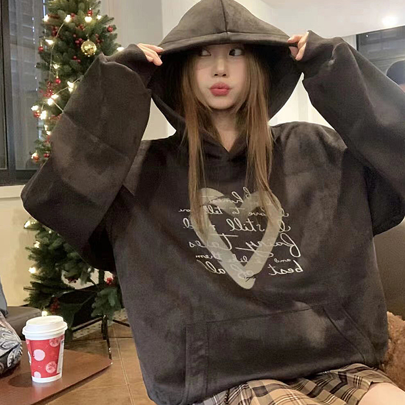 新品重磅甜酷属性美式复古水洗做旧复古美式秋冬宽松上衣加绒印花