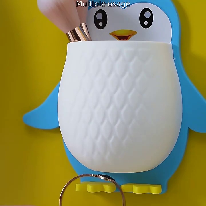 卡通企鹅置物架化妆工具整理盒宿舍卫生间牙刷收纳床头手机壁挂式