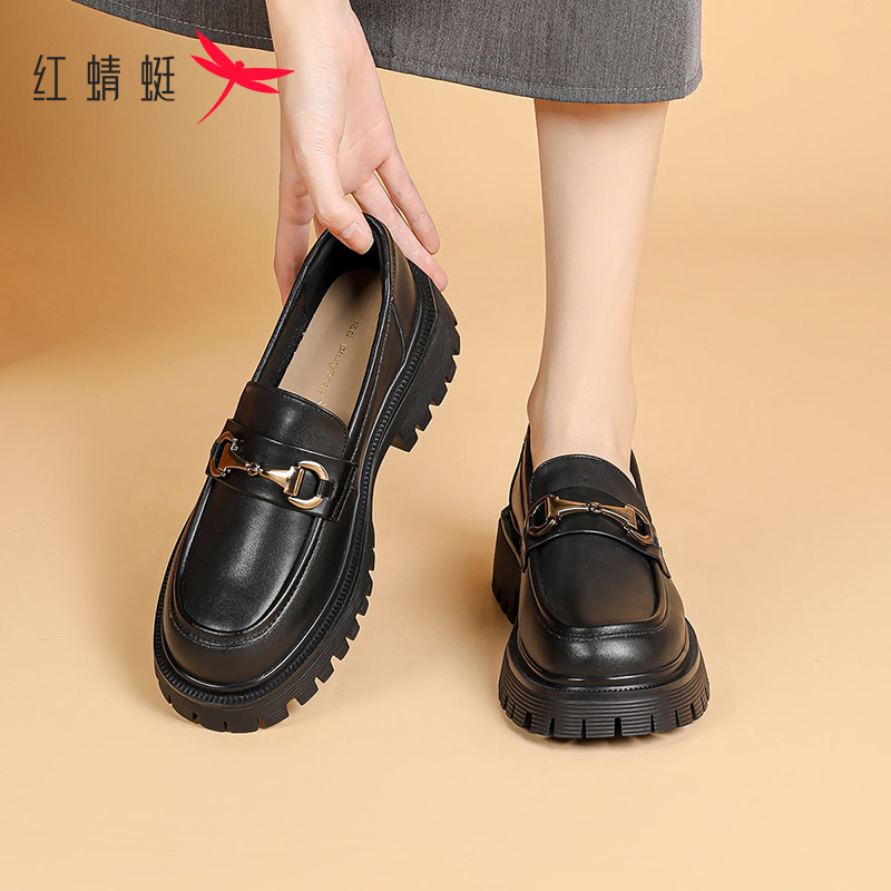 红蜻蜓百搭乐福鞋女厚底软底学院风黑色小皮鞋jk英伦鞋子通勤单鞋商品图