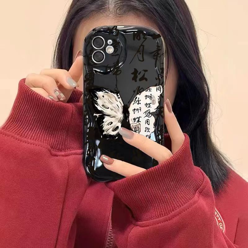 书法蝴蝶苹果13手机壳14Promax古风15plus全包12pro卡通11软壳78p