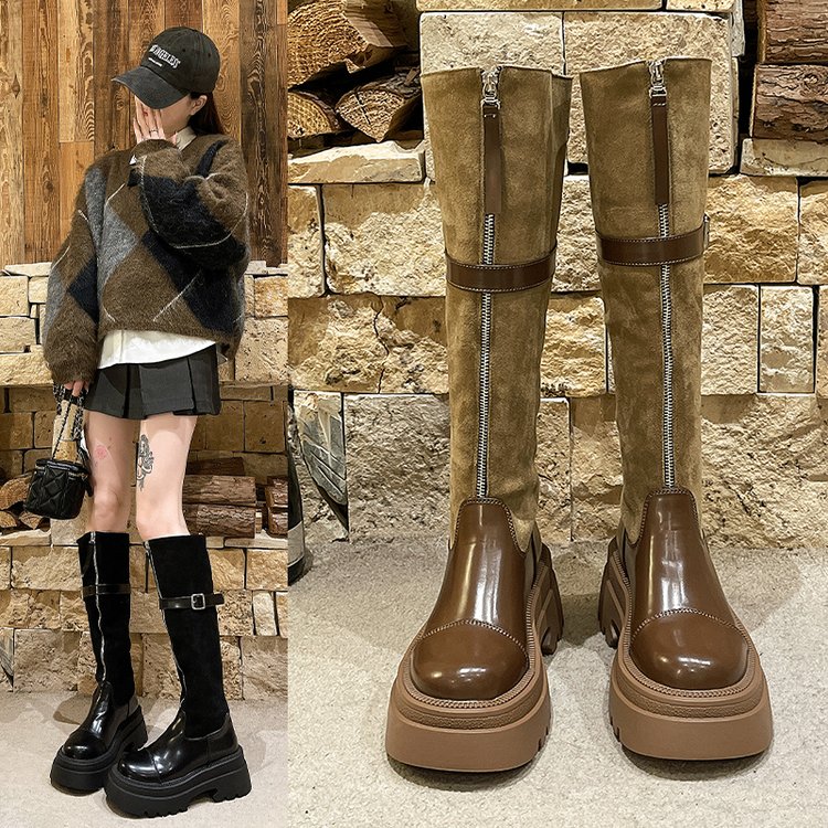 红蜻蜓牌韩版不过膝高筒靴女秋冬新款时尚拼接厚底工装靴小众设冬