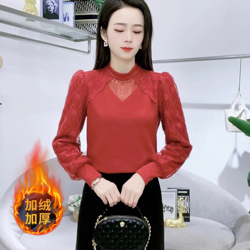冬季新款长袖蕾丝拼接时尚打底衫女加绒加厚气质显瘦百搭小衫5957