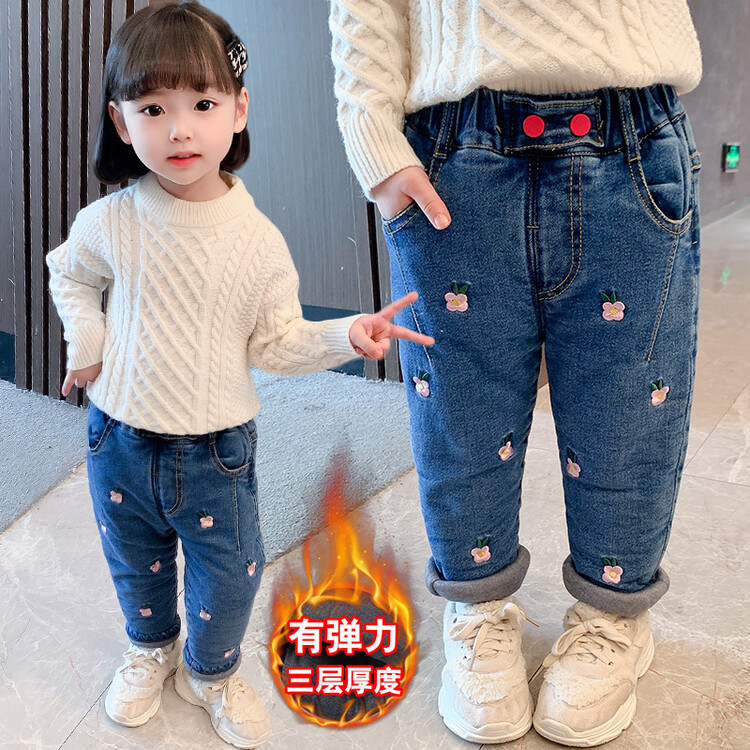 女宝宝花朵绣花牛仔一体绒加厚棉裤冬季新款韩版洋气小女孩长裤子
