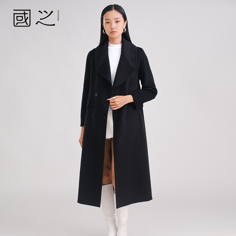 国之毛呢双面翻领秋冬双排扣时尚中长款黑色羊毛外套CX-23202-5T