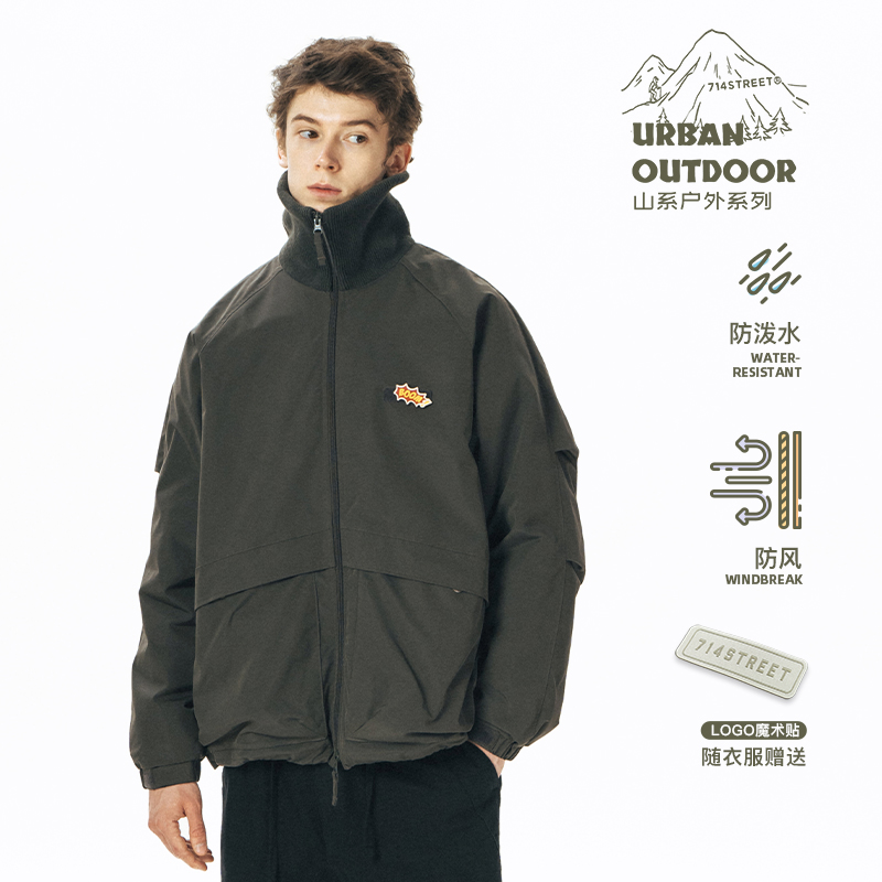 714Street螺纹高领棉服男士休闲宽松防风保暖秋冬立领情侣321502