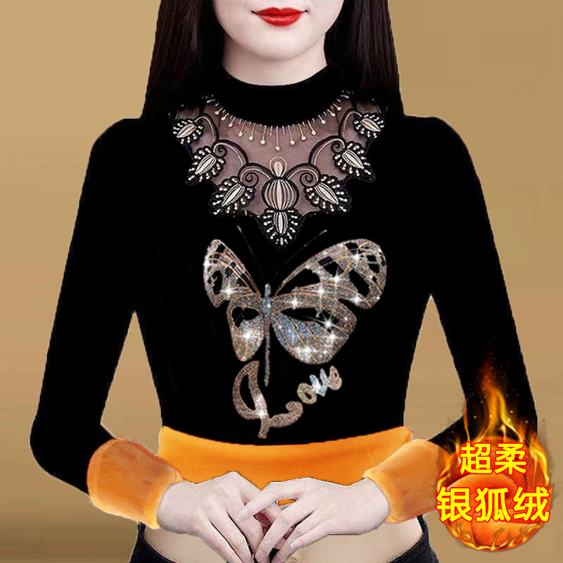 黄蜻蜓大码加绒加厚保暖银狐绒打底衫长袖蕾丝半高领妈妈装上衣女