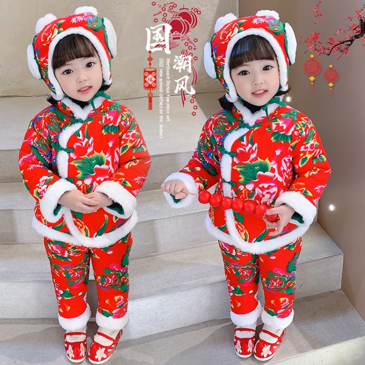 男女小童品东北花布套装宝宝冬季棉服男女童衣服儿童过年棉袄棉裤