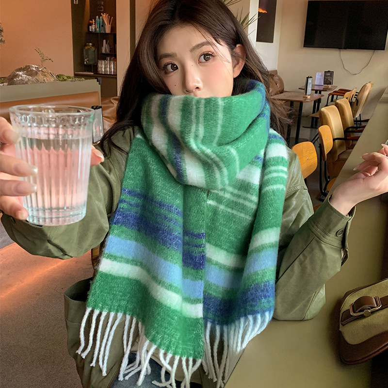 仿羊绒条纹围巾女秋冬新款韩版复古学生情侣保暖围脖流苏格纹披肩