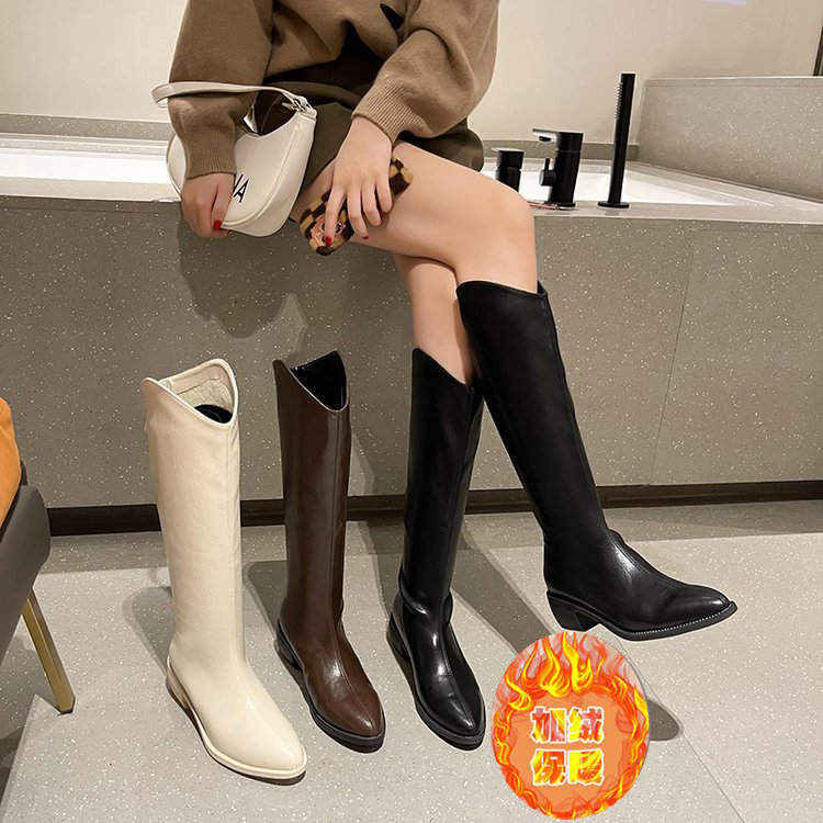 网红英伦风加绒瘦瘦靴秋冬时尚高跟尖头粗跟长靴子女百搭长筒靴女