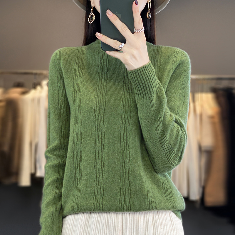 T秋冬针织衫女半高圆领条纹套头打底衫宽松显瘦针织百搭长袖毛衣