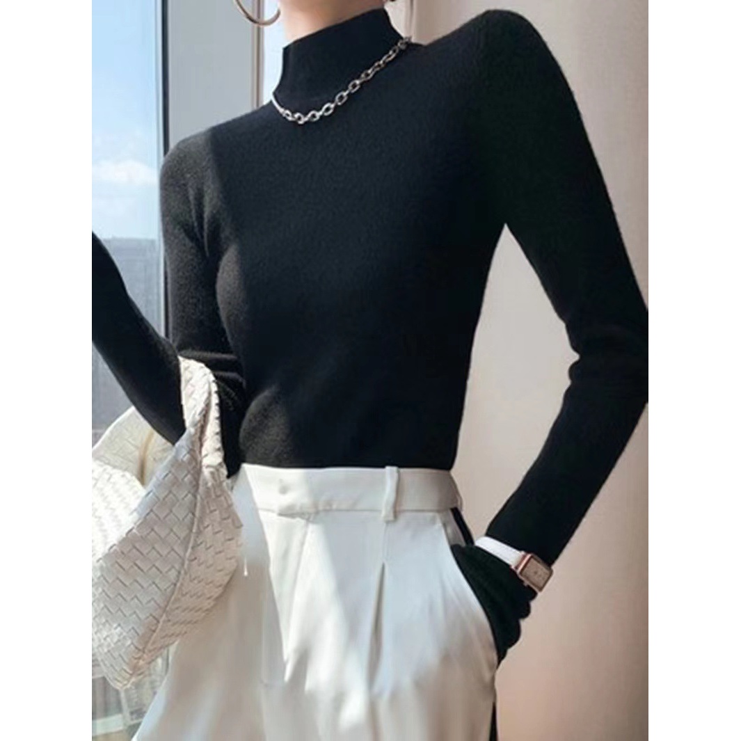 a半高领毛衣打底衫女黑色紧身白色修身中领内搭秋季长袖上衣针织