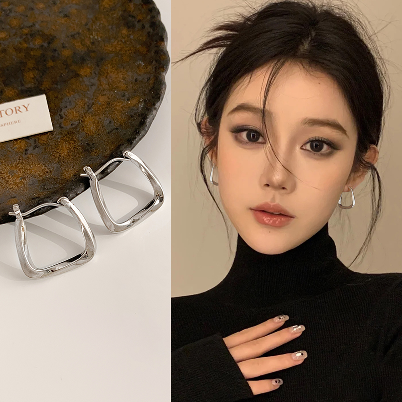 冷淡风耳环女925纯银针素圈几何方形耳钉法式小众设计感高级耳饰