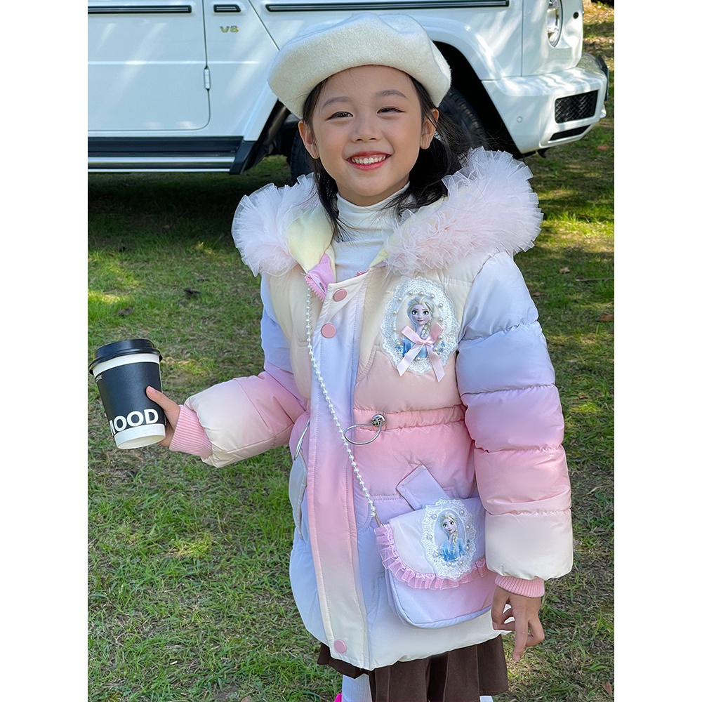 现货女宝宝艾莎公主棉衣加绒小女孩连帽棉袄中长款冰雪奇缘送包包