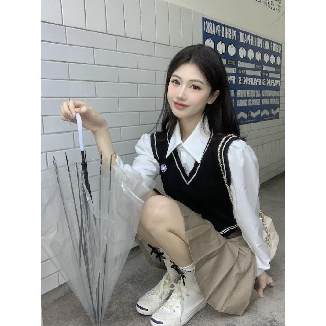 韩版学院风假两件长袖针织衫女秋装2023新款别致小众修身短款上衣