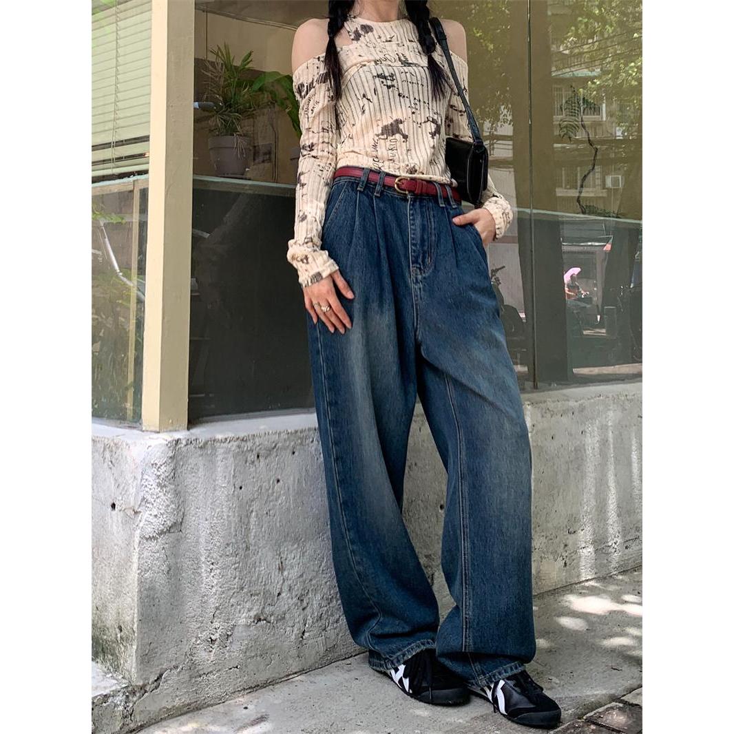 复古深蓝色阔腿牛仔裤女秋季宽松高腰直筒裤长裤显瘦垂感拖地裤子