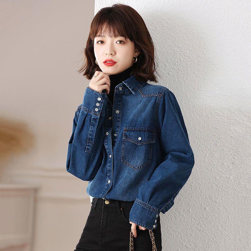蓝高档牛仔衬衫女春秋新款内搭叠穿复古衬衫小个子打底上衣显瘦