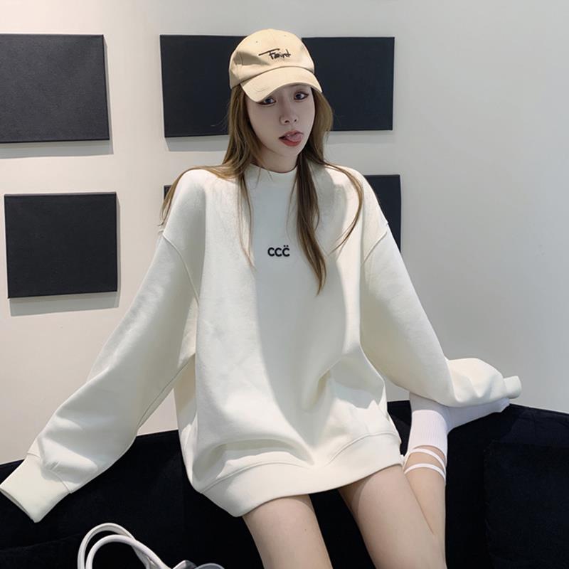 奶系卫衣女2023秋冬新款韩版加绒加厚ins慵懒风设计感超火中长款