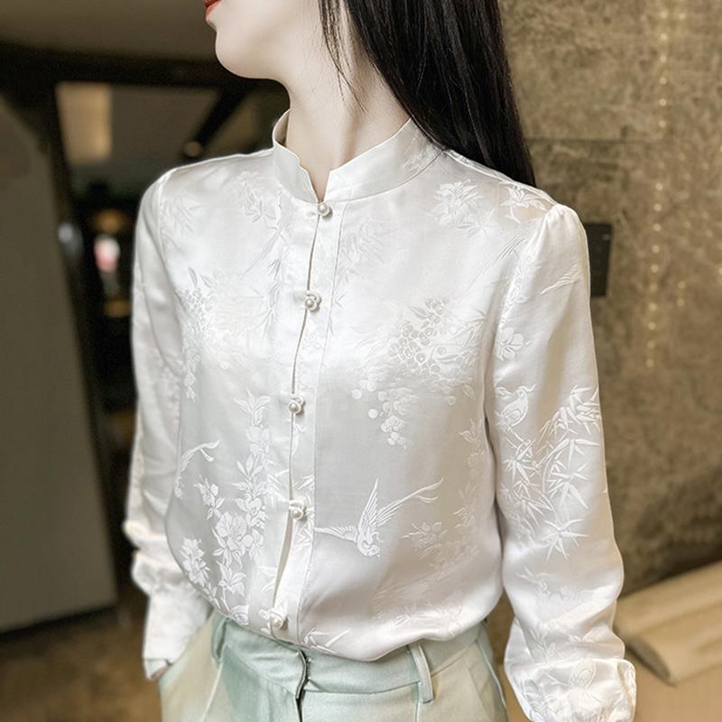 2023春季立领汉元素衬衫衬衣女“竹与鸟”白色新中式国显瘦气质