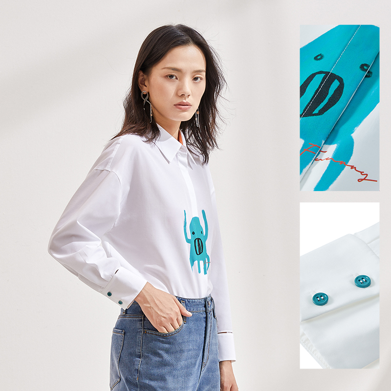 商场同款FF||仿佛时尚百搭印花图案长袖白色衬衫女FE00269