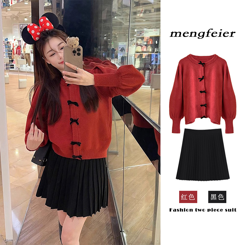 圣诞风泡泡袖针织毛衣女装秋冬2023新款蝴蝶结设计感洋气长袖上衣