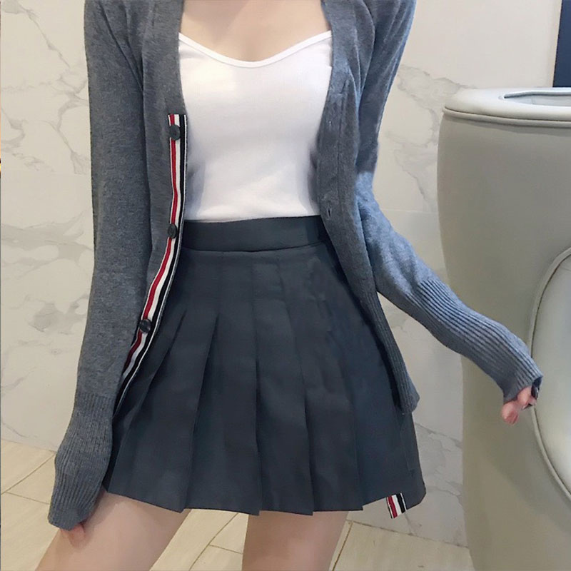 高腰百褶裙四条杠条纹短裙女运动风显瘦A字百搭前短后长半身裙裤