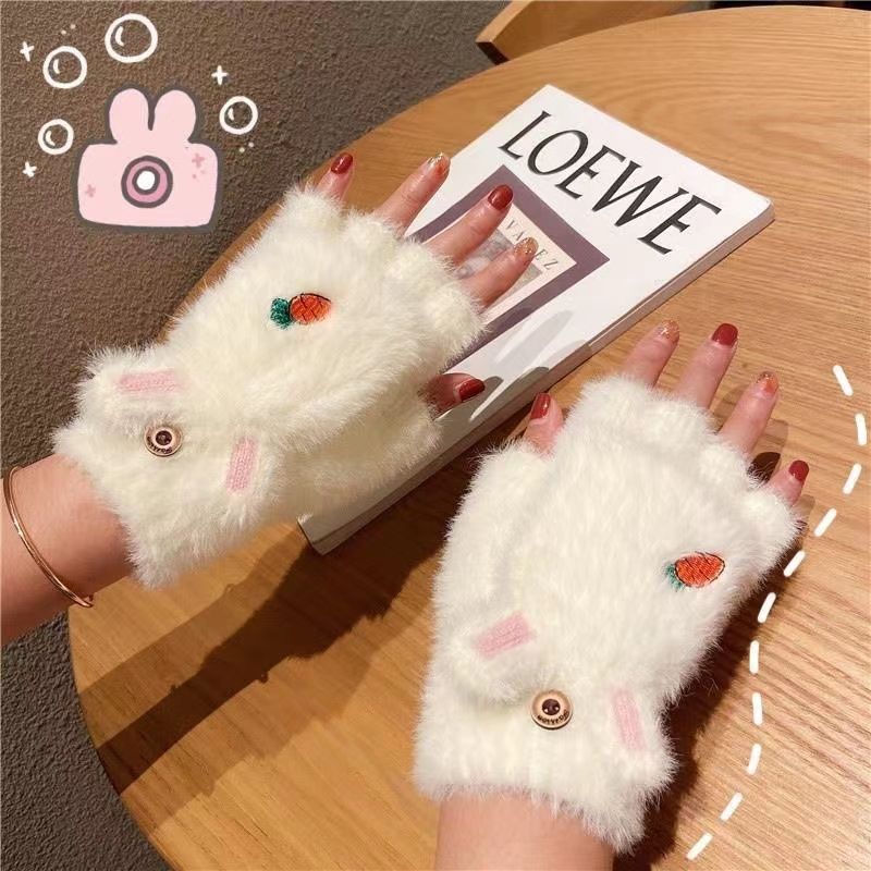 可爱加绒手套冬天女韩版卡通学生写字ins加厚棉保暖防寒毛线半指